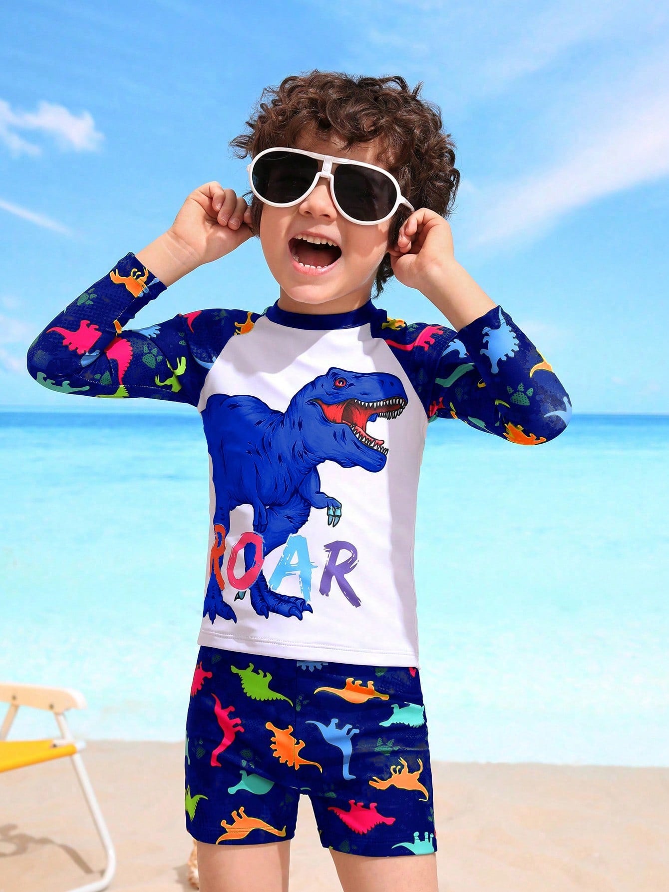 Young Boy Cute Dinosaur Printed Long Sleeve T-Shirt And Square-Leg Swimming Trunks