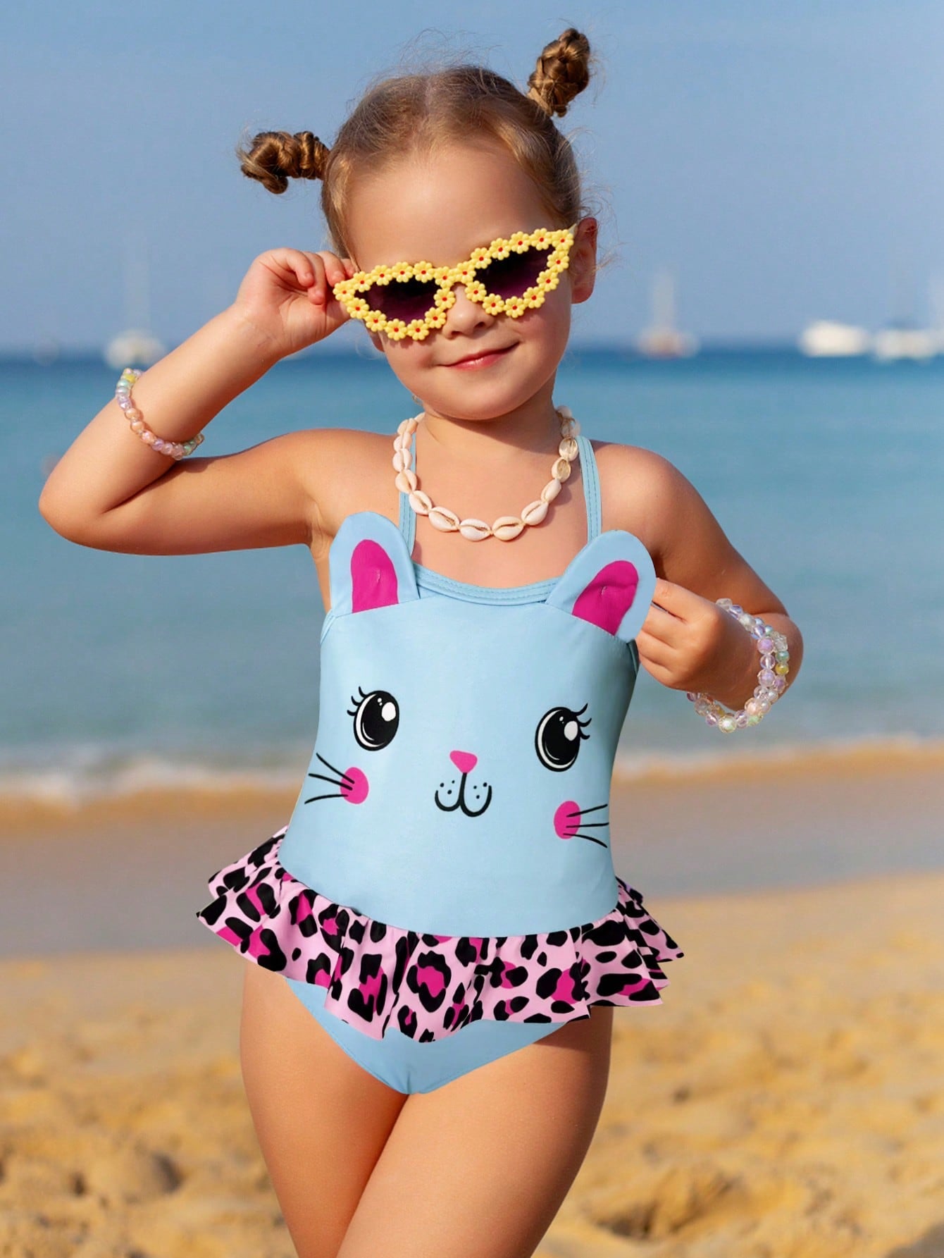 Young Girl Cartoon Printed Leopard Pattern Ruffle Trimmed One-Piece Swimsuit