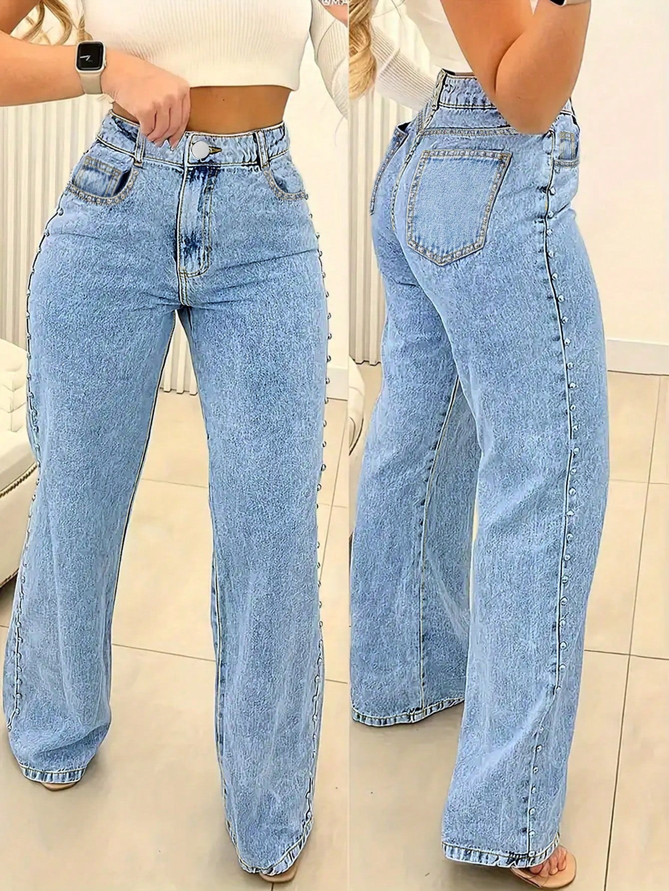 Women's Side Studded Straight Jeans