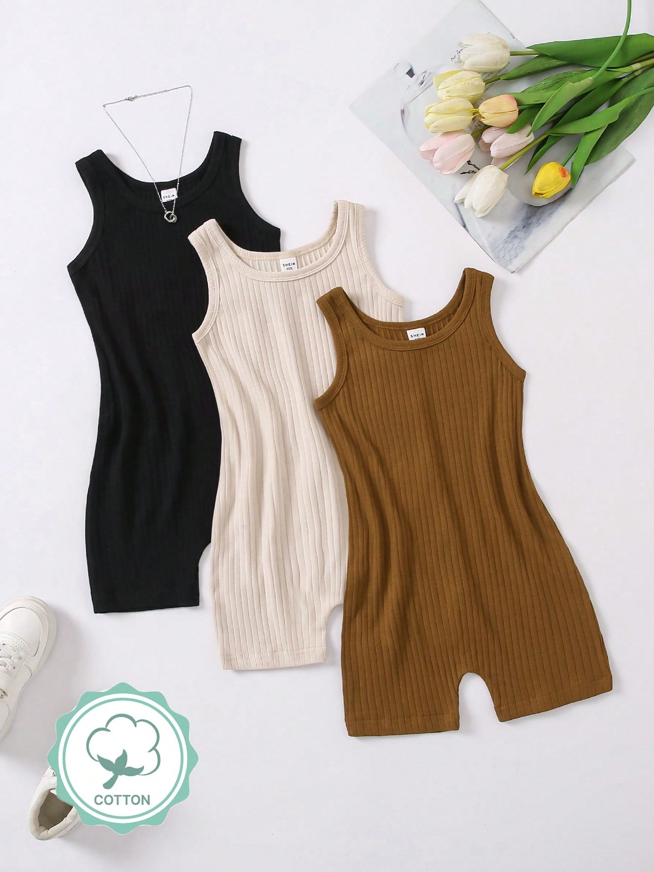 Young Girl Summer Casual Solid Color Ribbed Knitted Sleeveless Jumpsuit