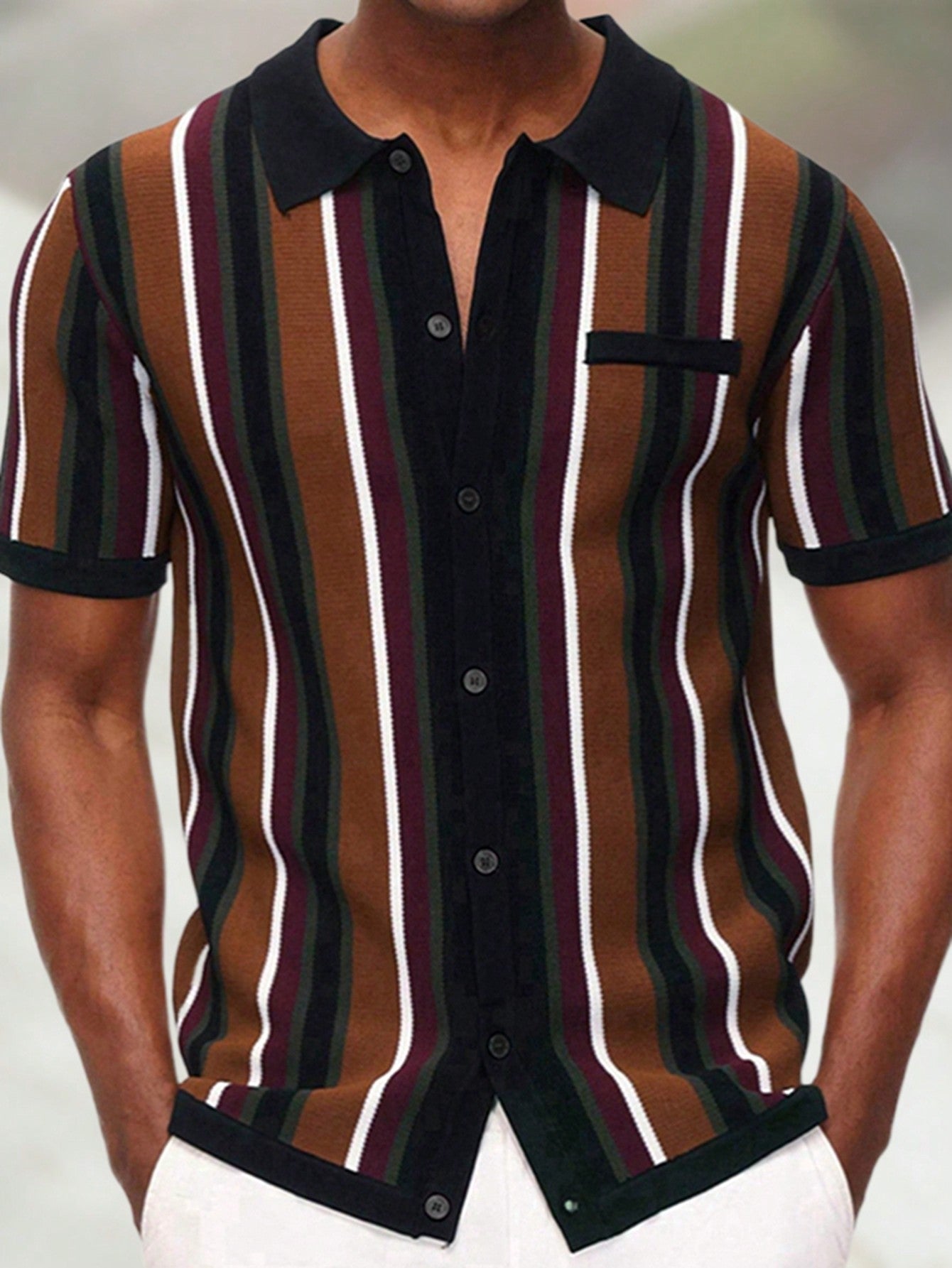 Men Spring/Summer Casual Color Block Striped Short Sleeve Knitwear