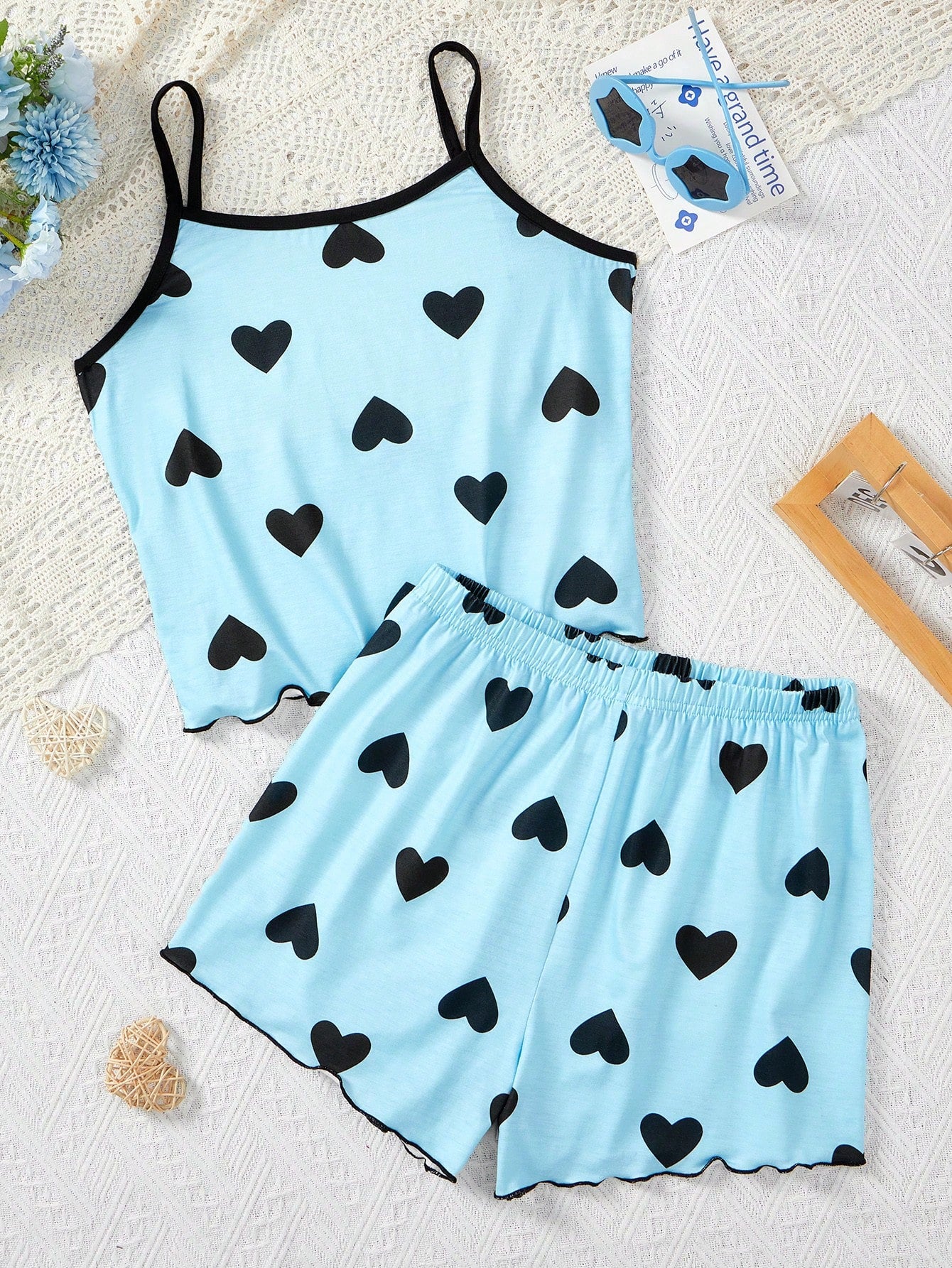 Teen Girl Heart Pattern Wedding Flower Girl Party Cami Top & Shorts Summer Comfy Flame Resistant Home Sleepwear 2 Piece Set