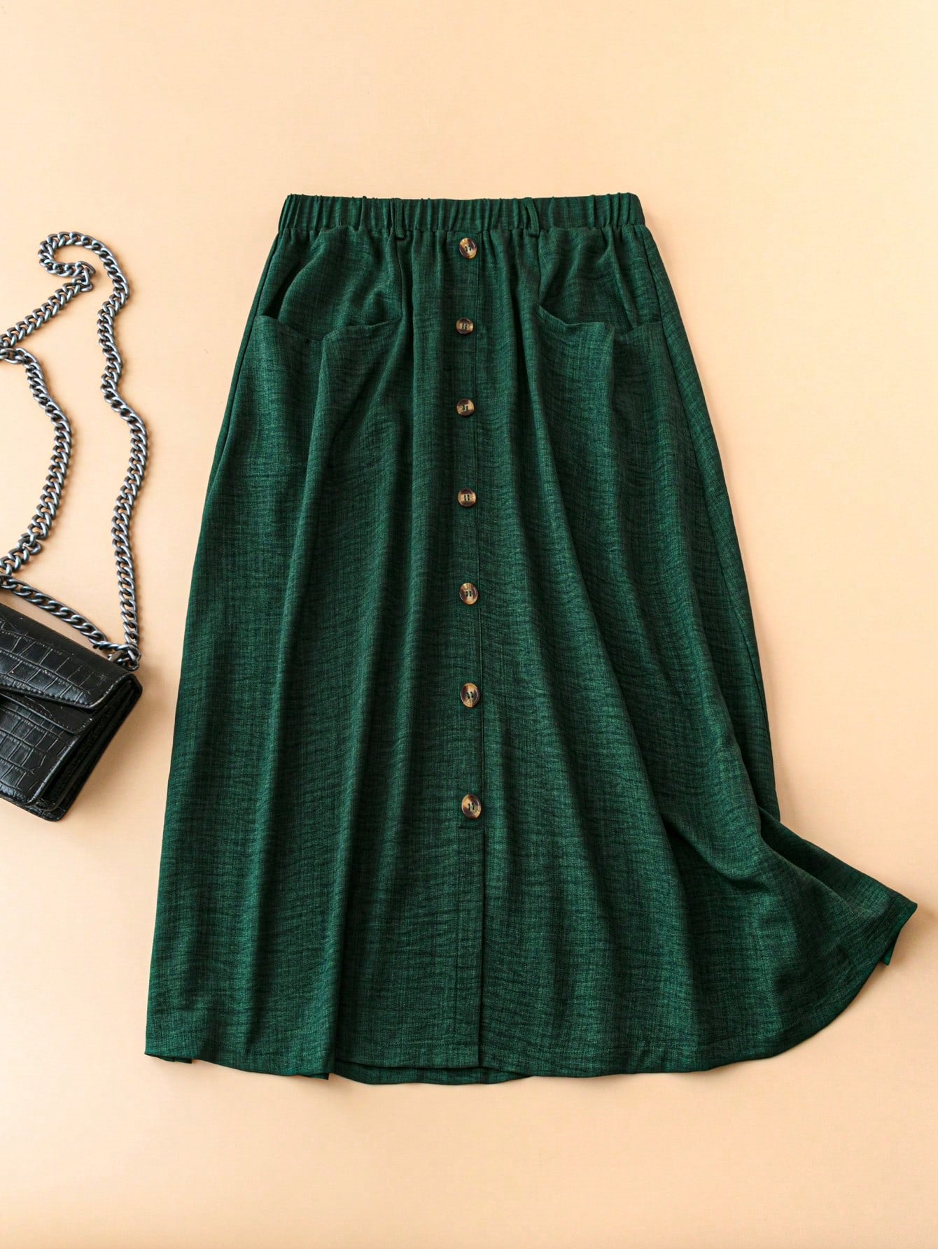 Plus Size Solid Color Decorative Single-Breasted Casual Skirt