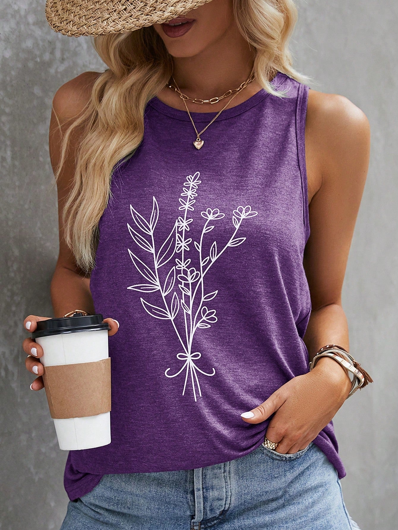 Women's Sleeveless Plant Print Tank Top For Summer