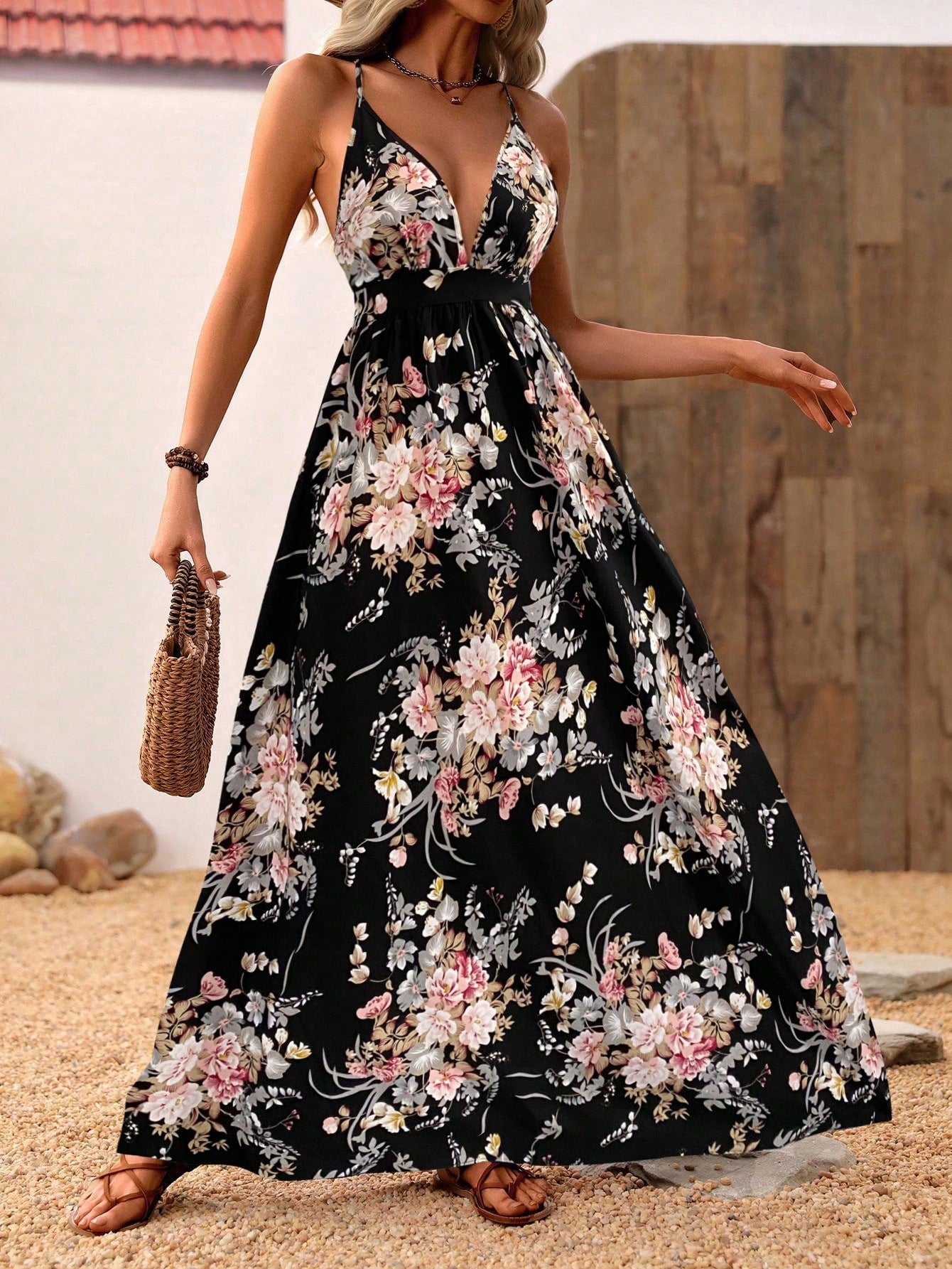 Flower Print Halter Neck Backless Dress