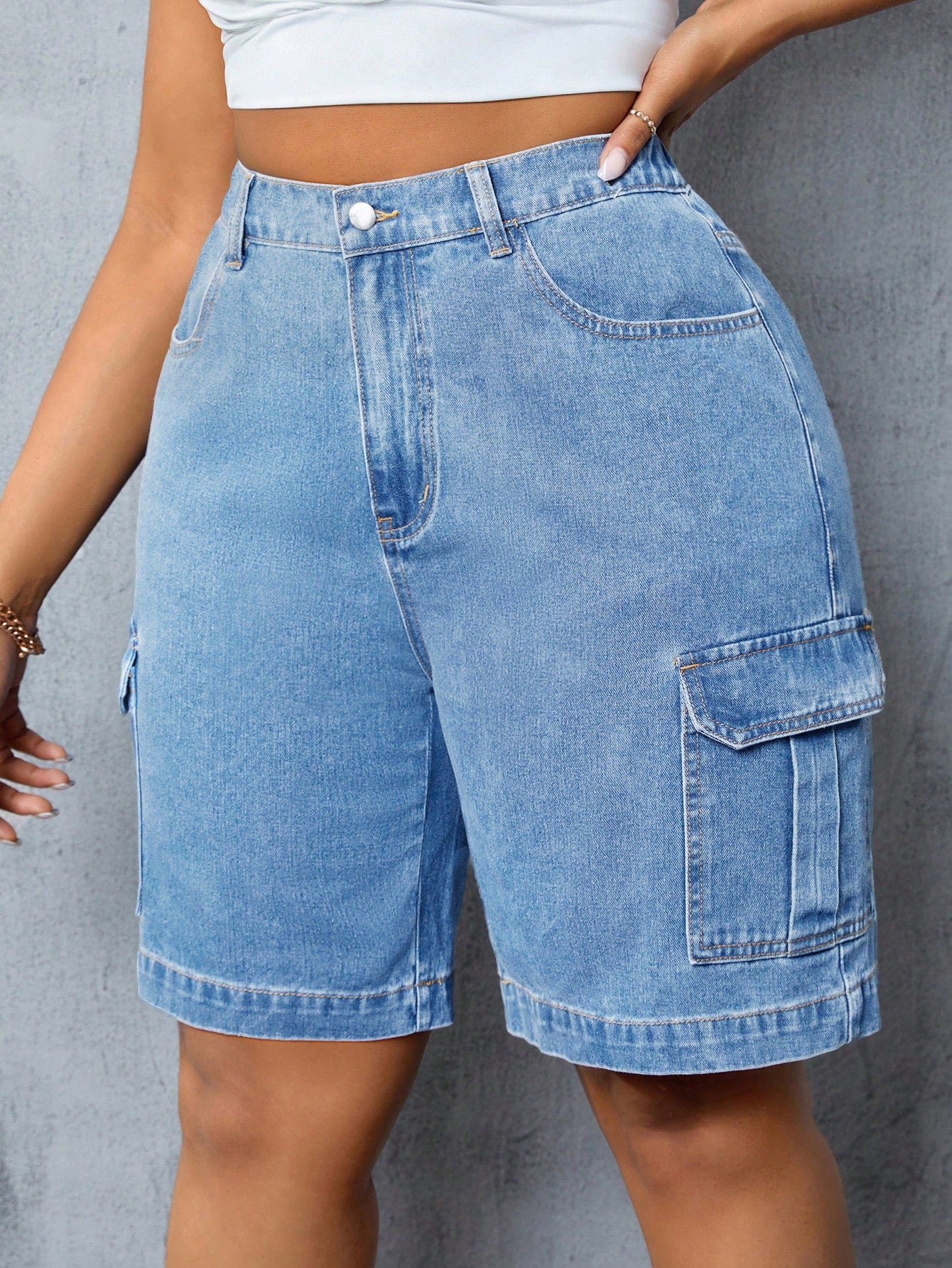 Plus Size Denim Shorts With Pockets And Buttons For Summer