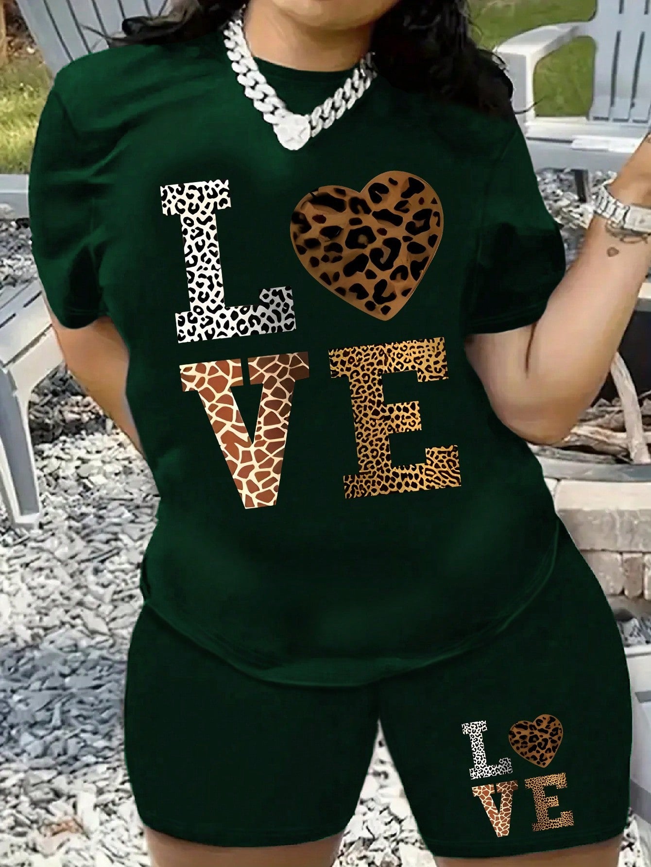 Plus Size Summer Casual Leopard Heart & Letter Printed Short Sleeve T-Shirt And Shorts Set