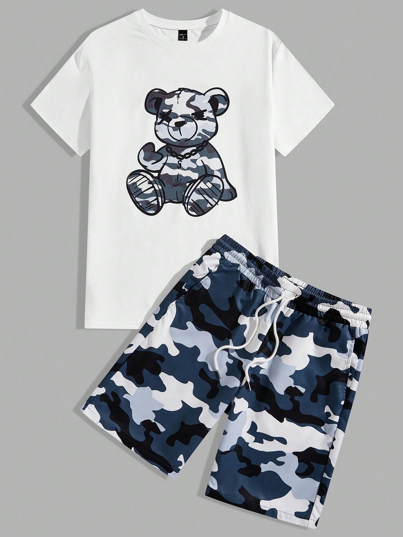 Men's Camouflage Bear Printed Short Sleeve Anime T-Shirt And Shorts Set