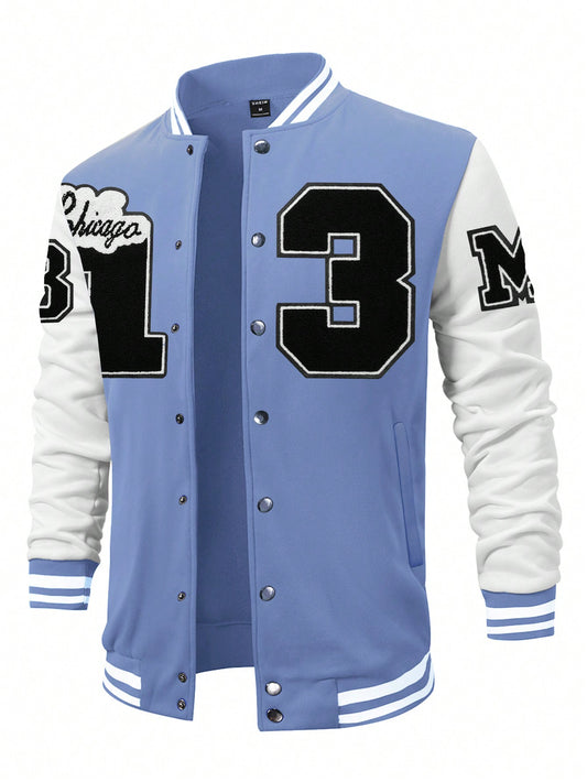 Men Letter Flocking Striped Trim Drop Shoulder Varsity Jacket