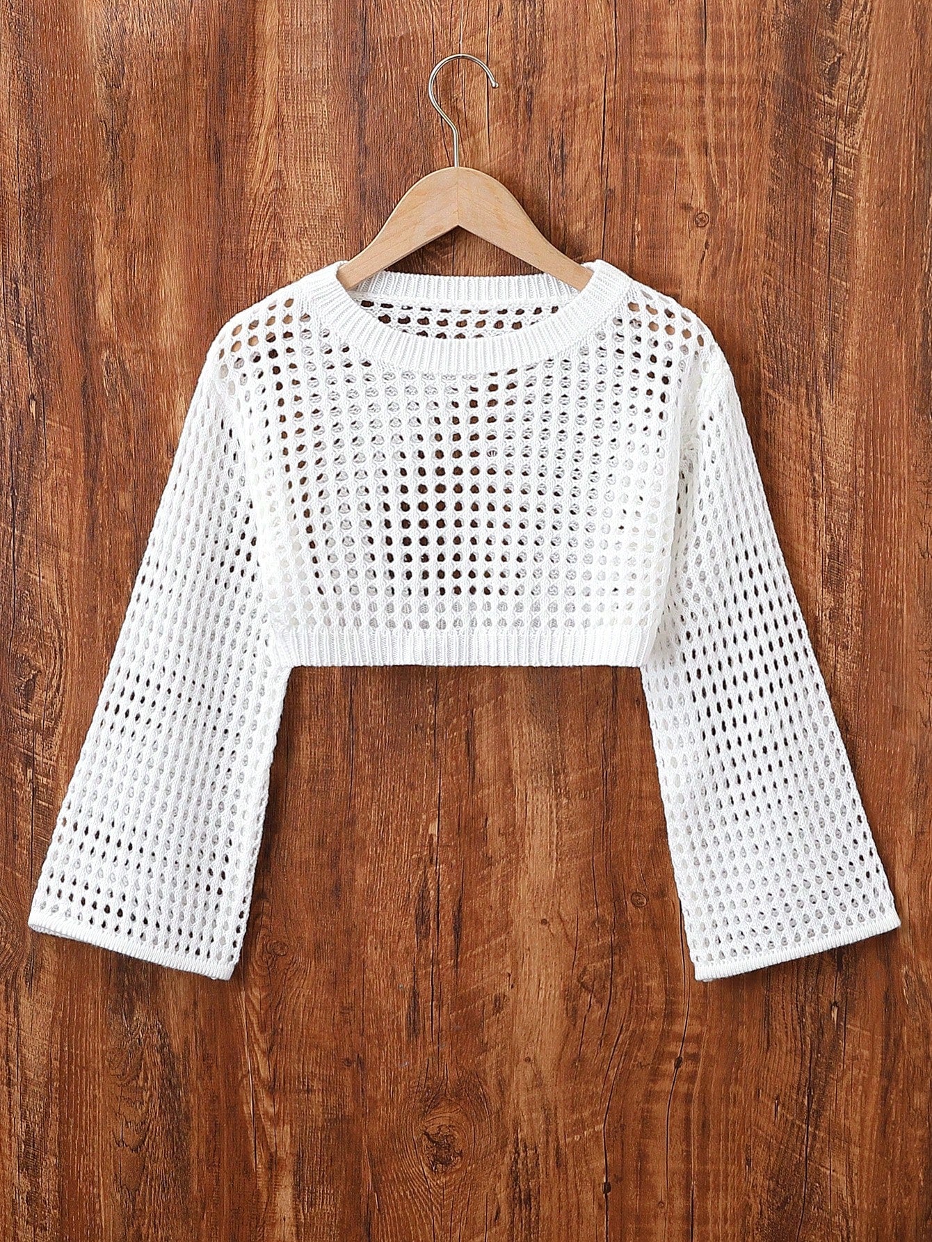 Tween Girl Solid Color Round Neck Long Sleeve Cropped Sweater With Hollow Out Design, Spring/Summer