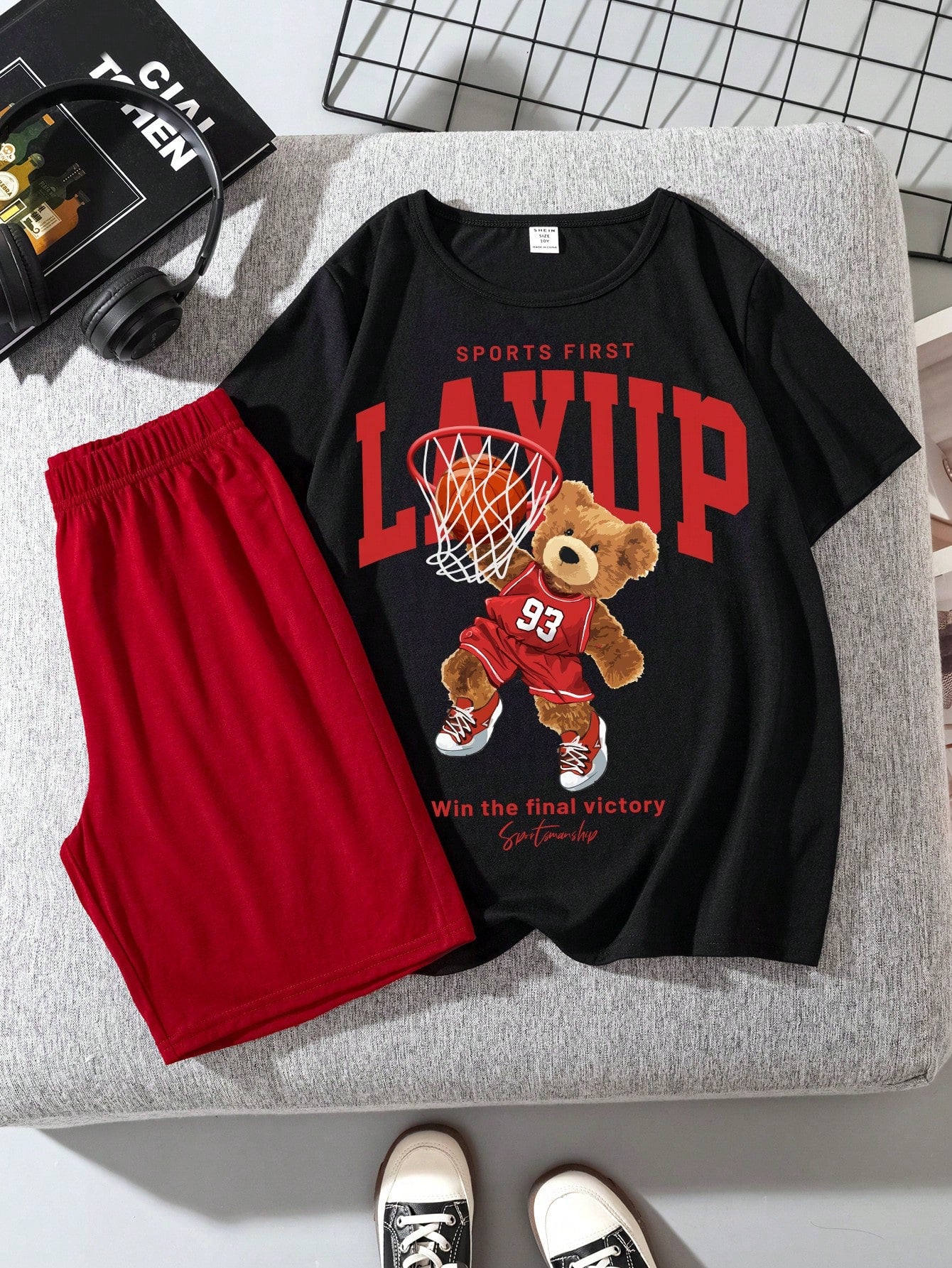 Tween Boy Casual Minimalist Basketball Letter Printed Short Sleeve T-Shirt And Shorts Set For Summer