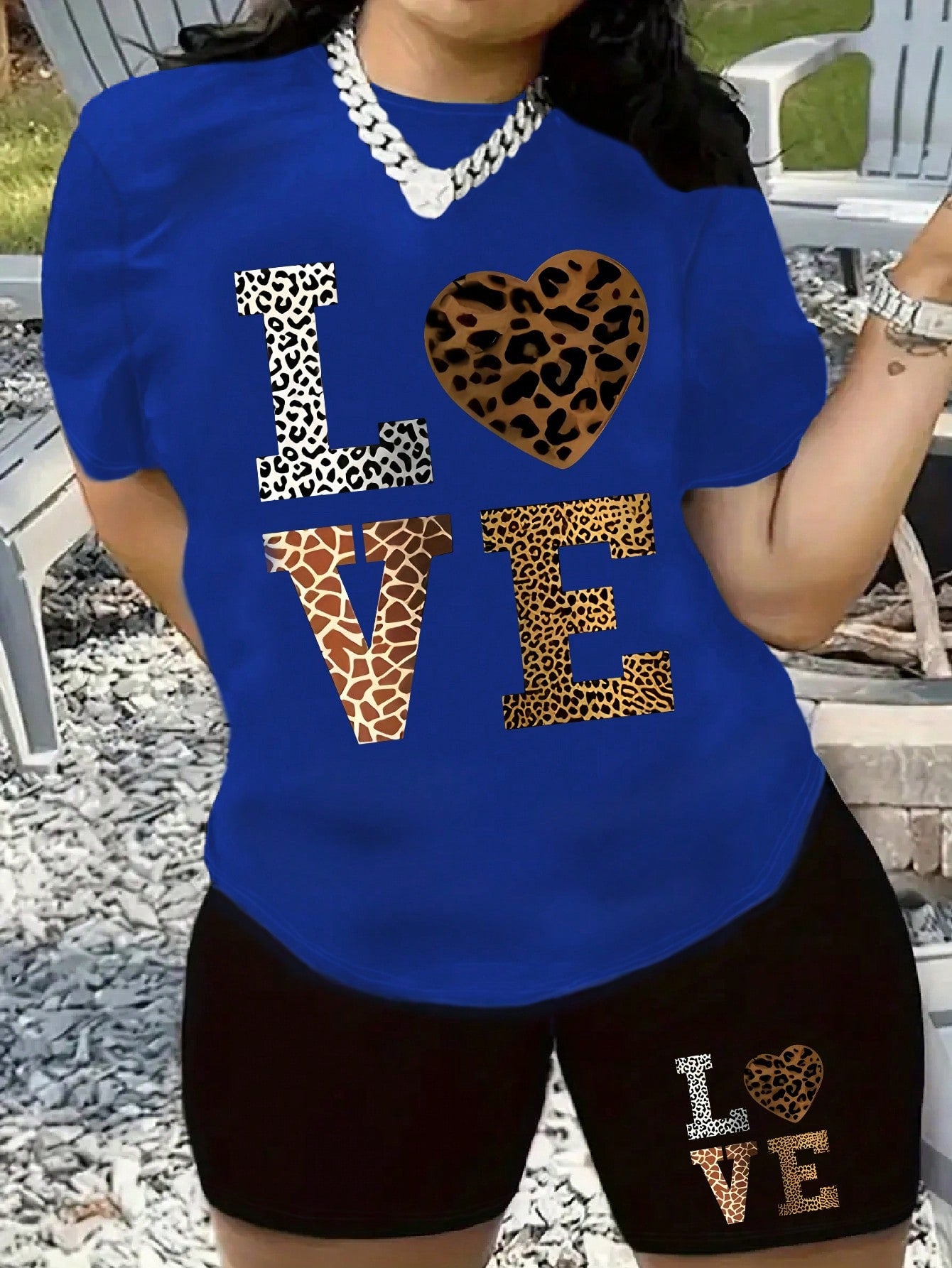 Plus Size Summer Casual Leopard Heart & Letter Printed Short Sleeve T-Shirt And Shorts Set