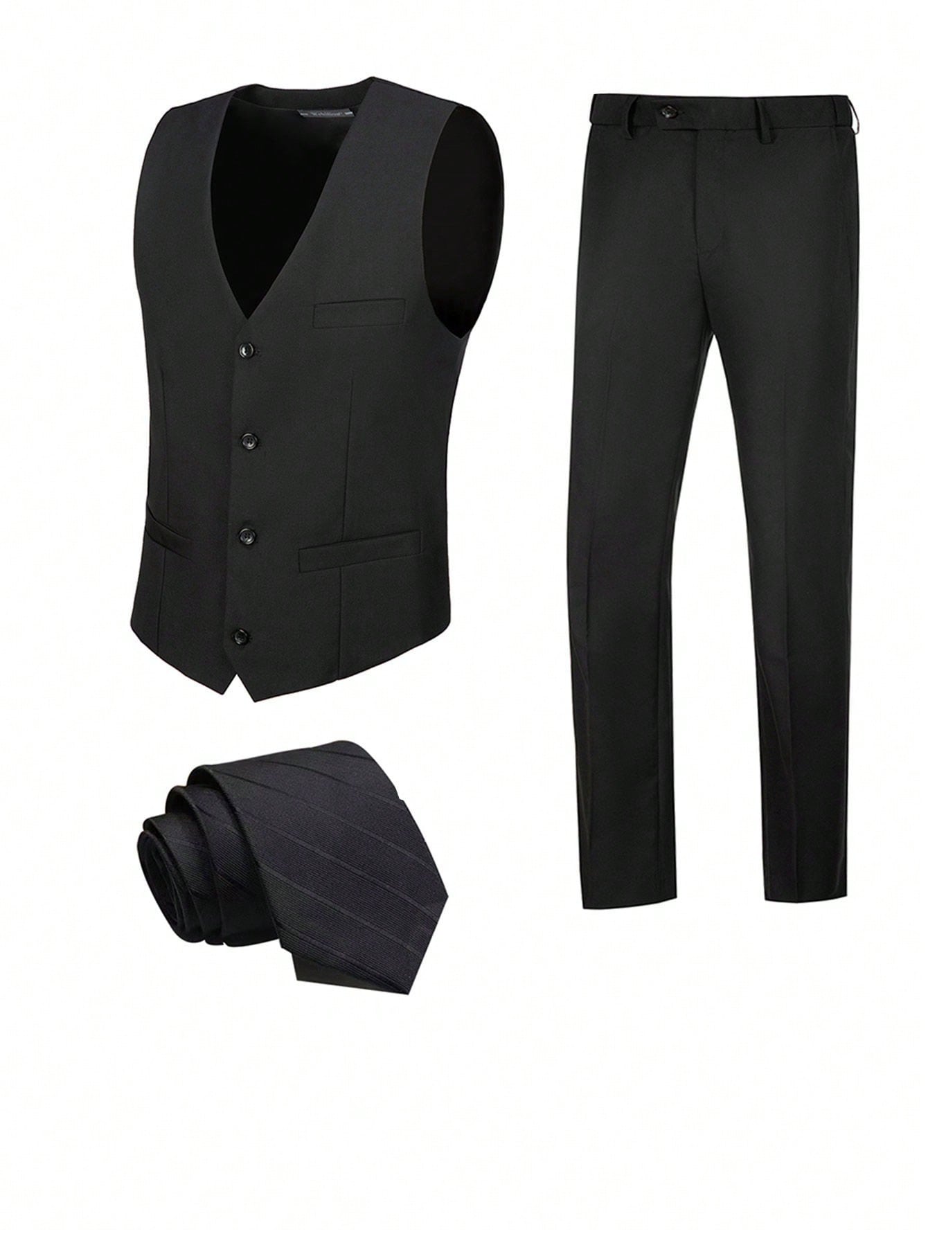 Men Button Up Vest Blazer & Suit Pants & Tie