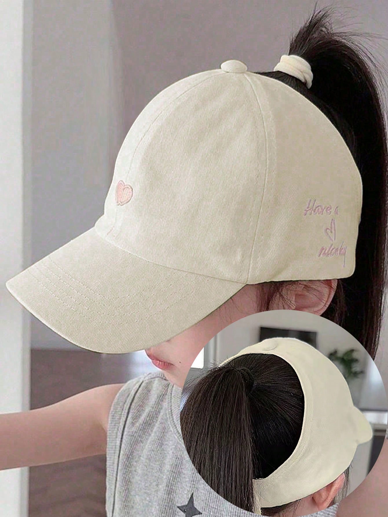 1pc Kids' Solid Color Casual Fashion Cap With Heart Embroidery, Can Tie High Ponytail, Sunshade And Sunscreen