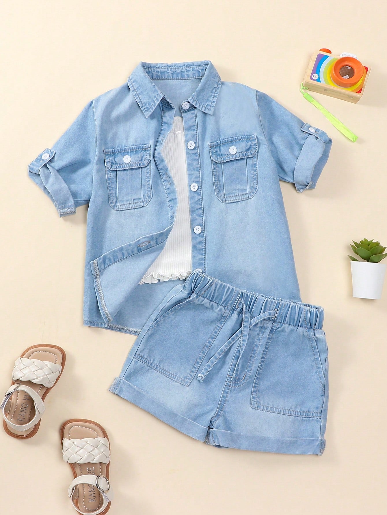 Young Girl Basic Casual Daily Wear Light Blue Washed And Comfortable Loose Fit Flat Pocket Denim Shirt & Full Elastic Waist Flat Pocket Denim Shorts Set