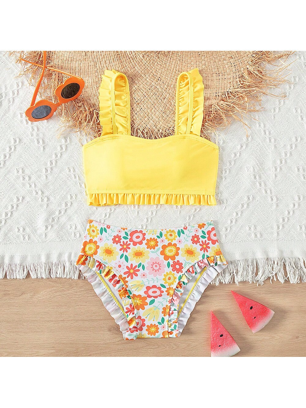 2024 New Tween Girl Summer Floral Print Ruffled Trim Bikini Two-Piece Bikini Set Summer Beach