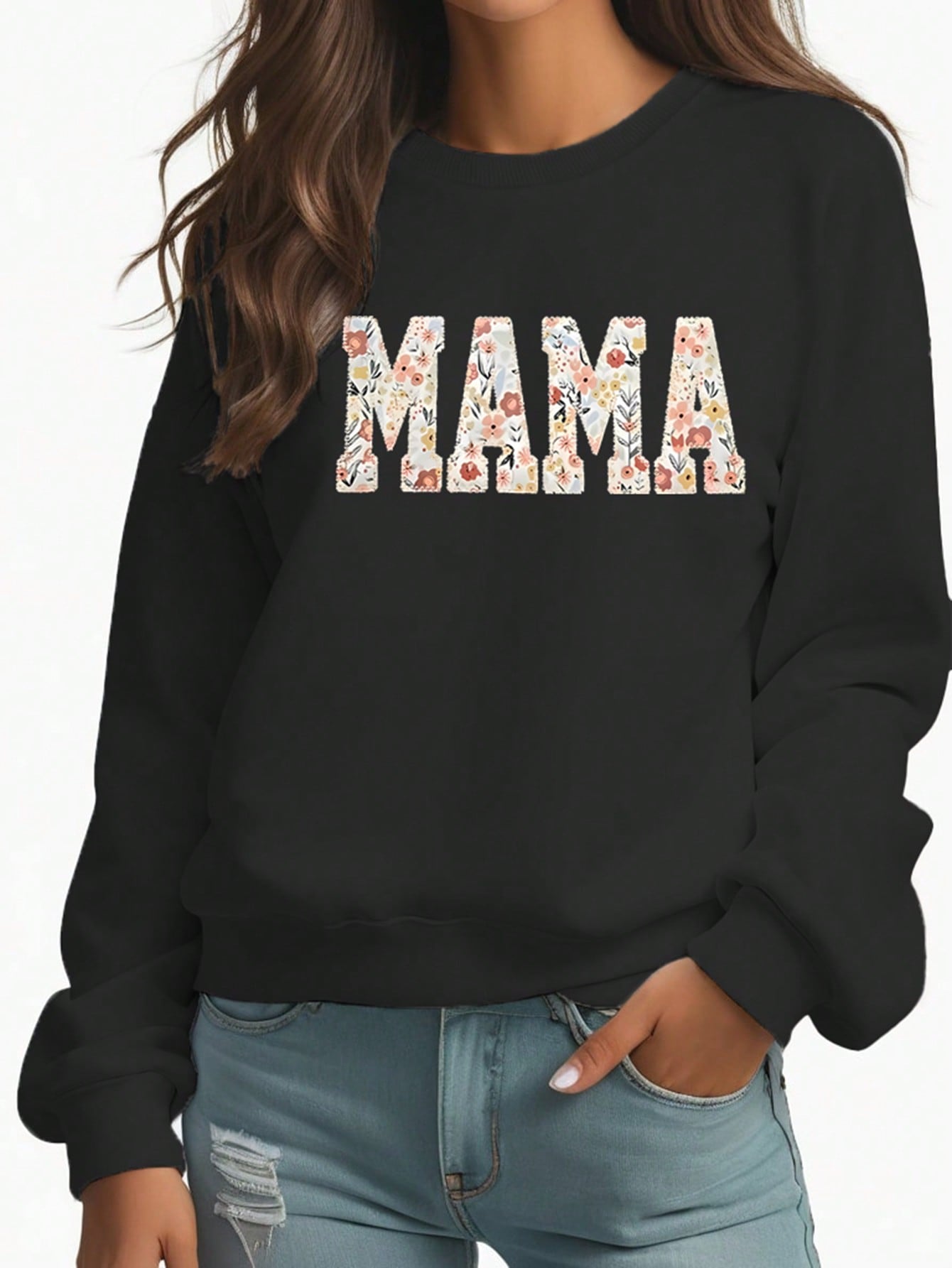 Women Simple Floral Letter Print Round Neck Long Sleeve Sweatshirt