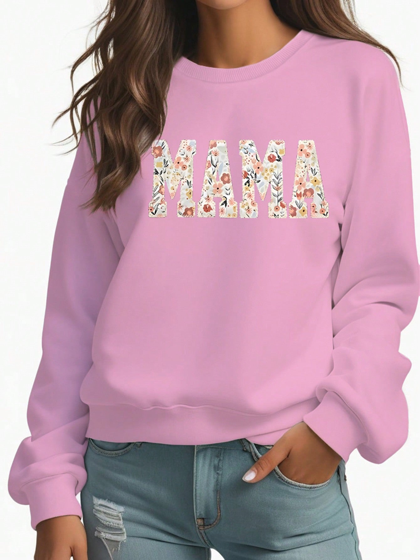 Women Simple Floral Letter Print Round Neck Long Sleeve Sweatshirt