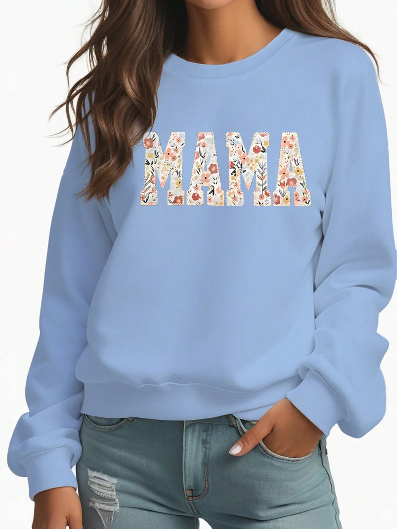 Women Simple Floral Letter Print Round Neck Long Sleeve Sweatshirt