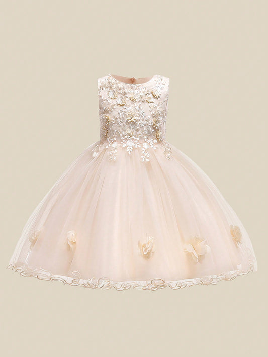 Tween Girl Formal Dress In Solid Color Net Tulle Satin With 3D Flower Decoration And Puffy Skirt, Perfect For Birthday Party Or Campus Performance