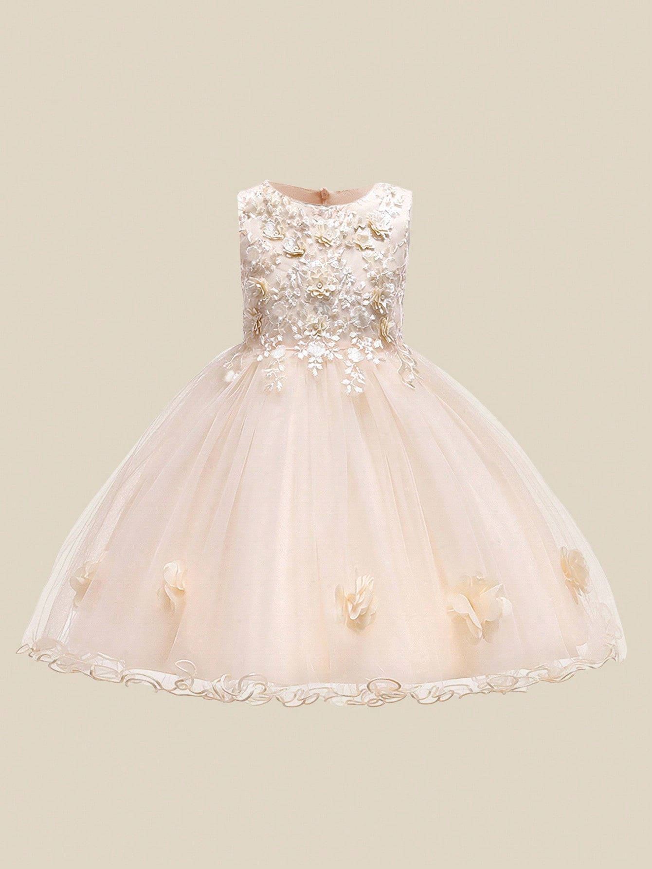 Tween Girl Princess Dress With Solid Color Mesh & Satin Fabric & 3d Flower Decoration Suitable For Birthday Party, School Performance