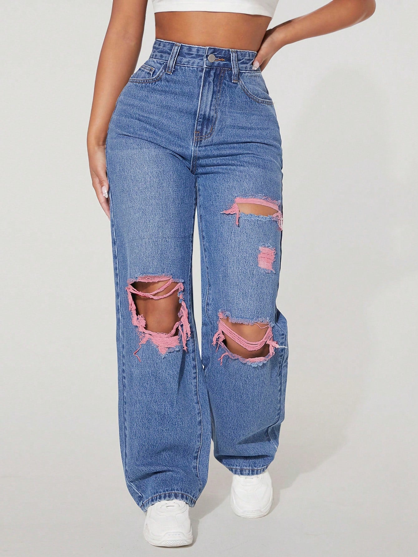 High Waist Ripped Straight Leg Jeans