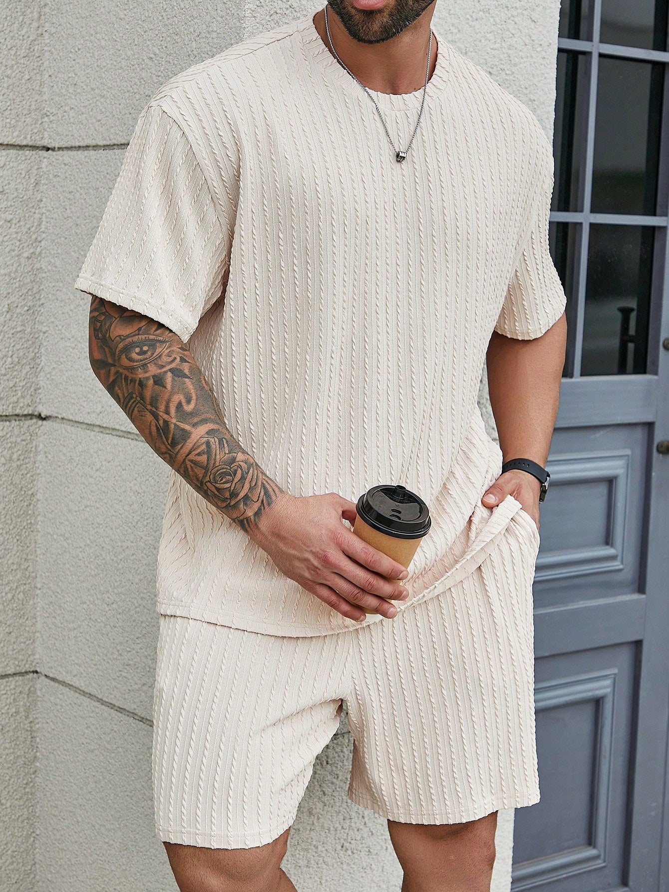 Men's Plus Size Summer Solid Color Textured Round Neck Short Sleeve Casual T-Shirt And Shorts Set