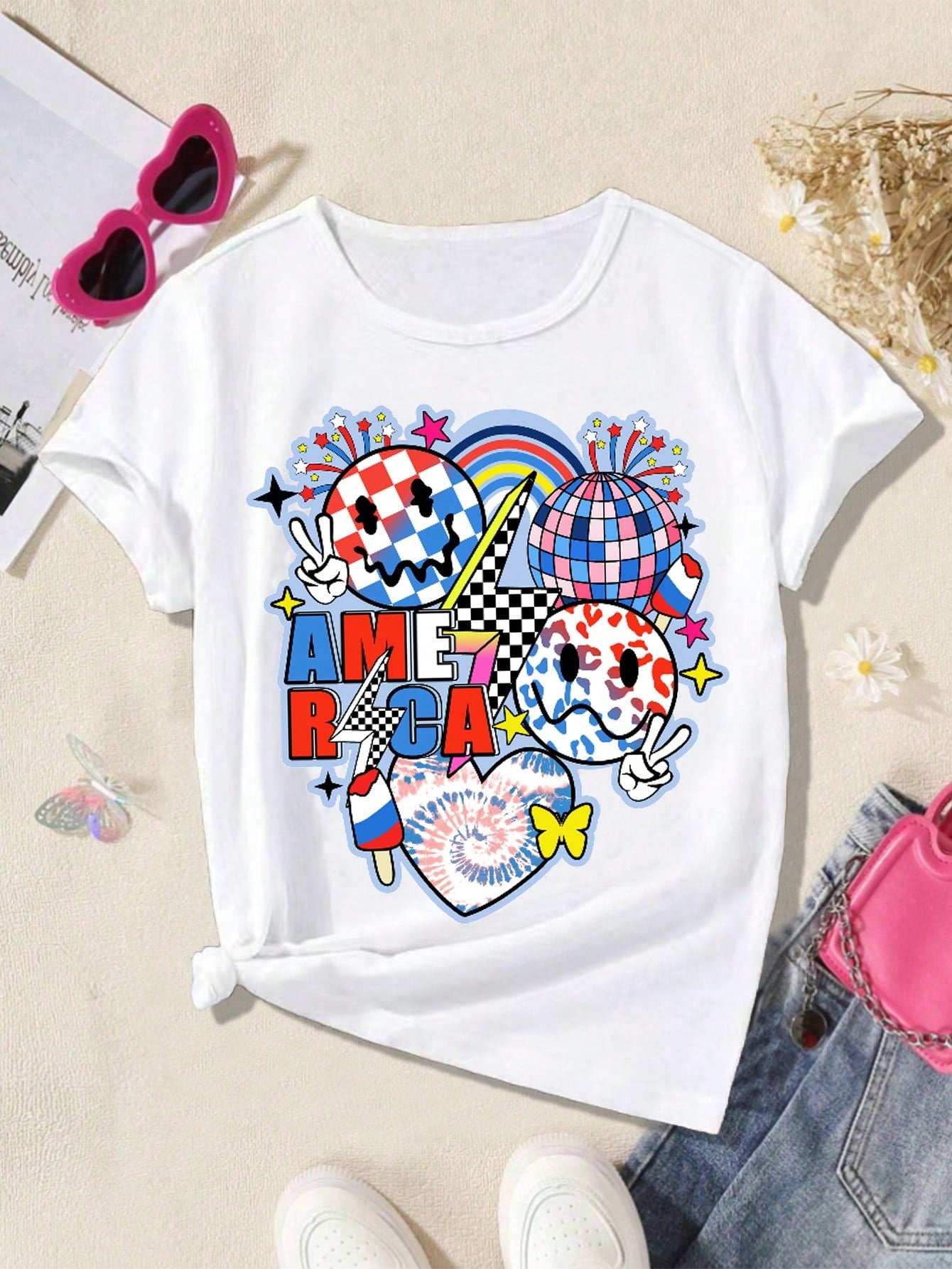 Tween Girl Music Festival Party Face Baseball, Light Bulb Print Y2k Heart Swag Cool T-Shirt