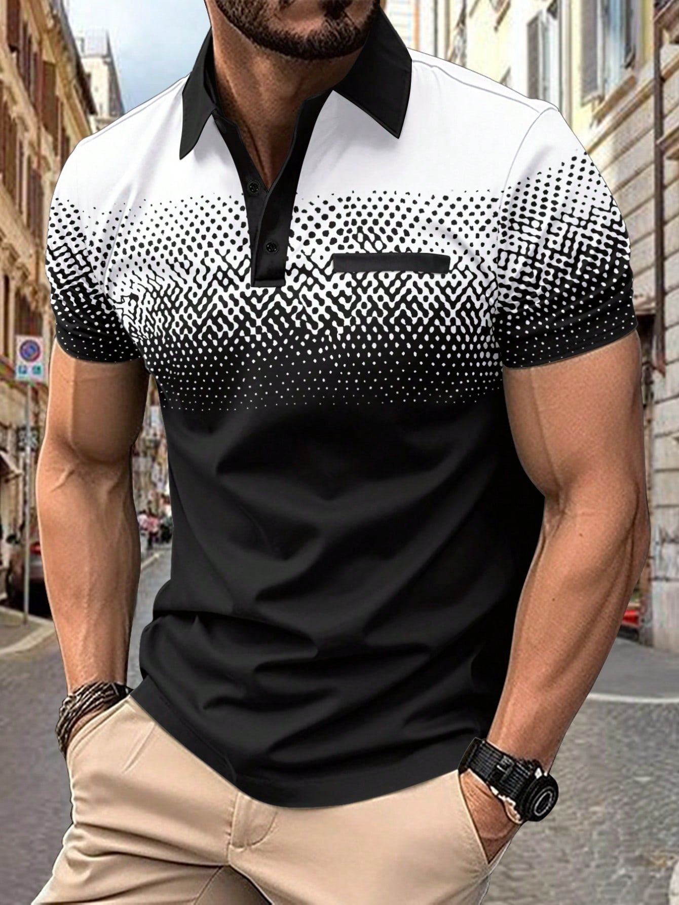 Digital Printed Gradient Men's Polo Shirt With Short Sleeve, Chest Pocket Design, Leisure Wear For Summer