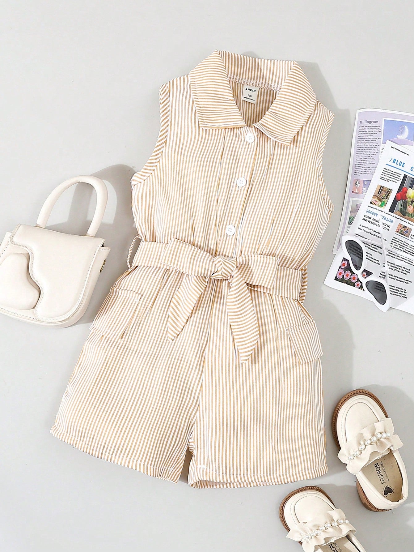 Young Girls' Fashionable Stripe Button Down Sleeveless Romper, Summer