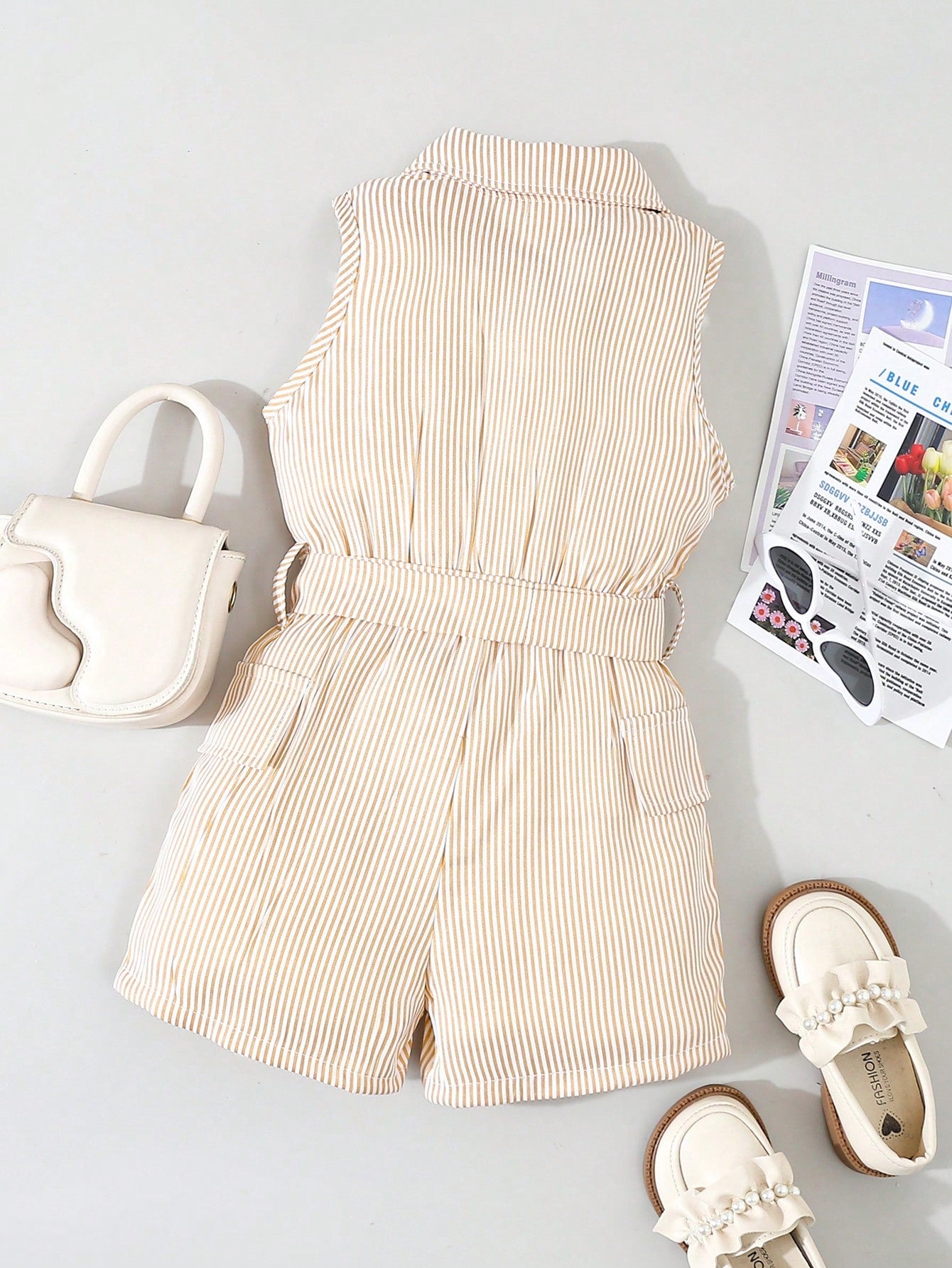 Young Girls' Fashionable Stripe Button Down Sleeveless Romper, Summer