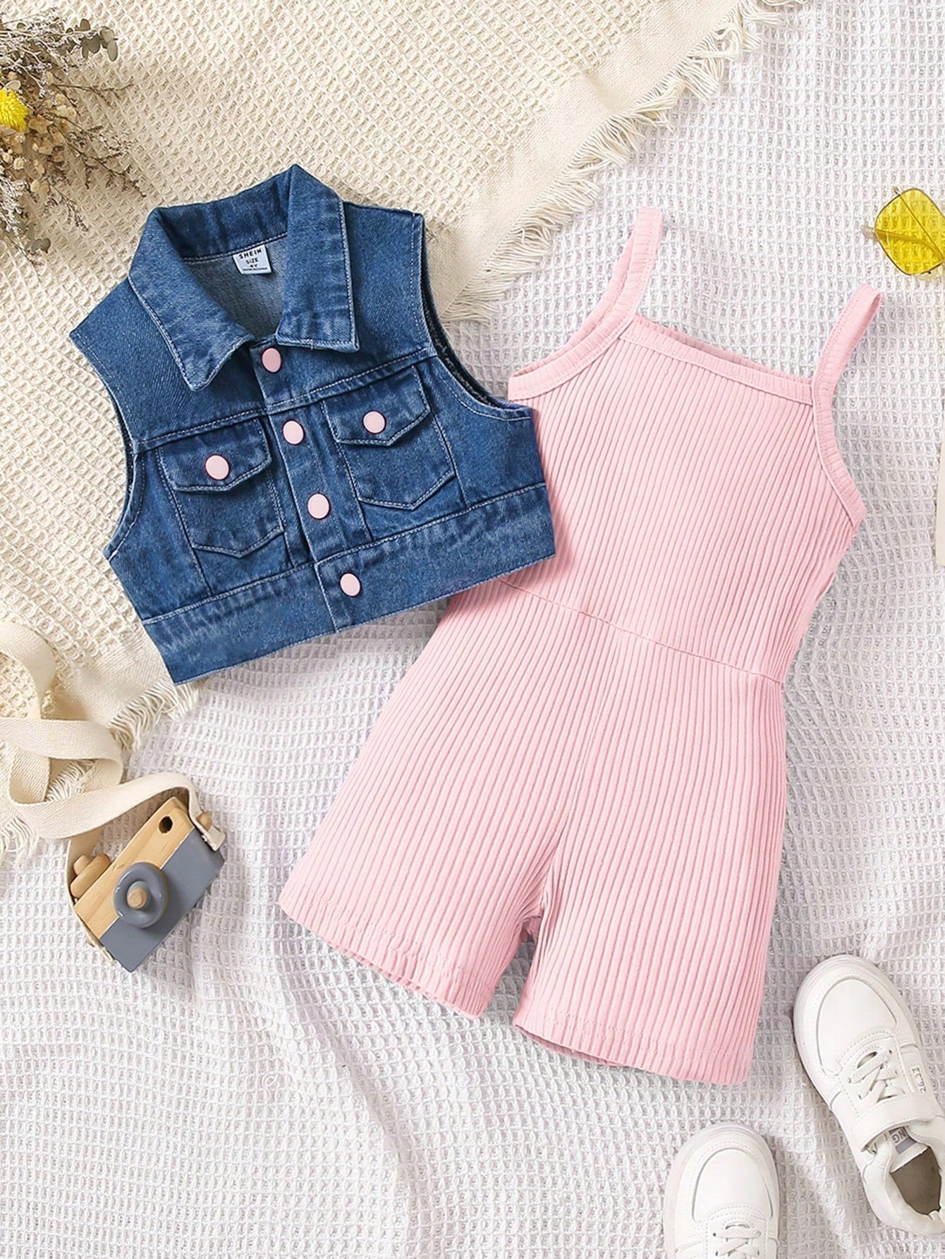 Young Girl Cami Romper & Flap Pocket Button Front Shirt