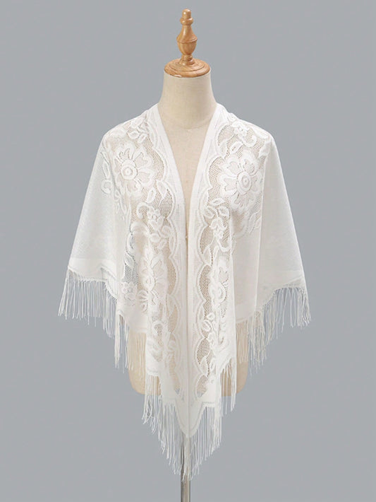 A Cute And Fashionable Versatile Flower Lace Triangle Scarf Shawl With Tassels, Suitable For Daily Wear For Baby Girls