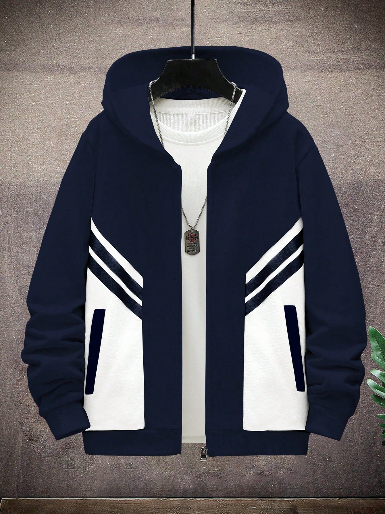 1pc Tween Boys' Casual Color Block Zipper Front Hooded Jacket