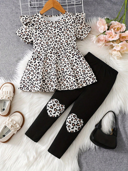 Young Girl Spring/Summer Casual Leopard Print Short Sleeve Top With Leggings