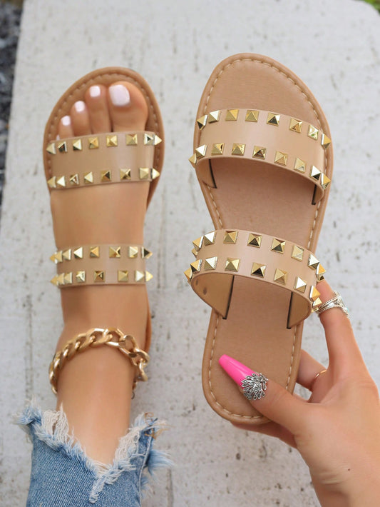 Women's Brown Metal Rivet & Rhinestone Decor Flat Sandals, Elastic Ankle Strap T-Strap Thong Flat Sandals, Summer Fashion Comfortable Beach Flip Flops