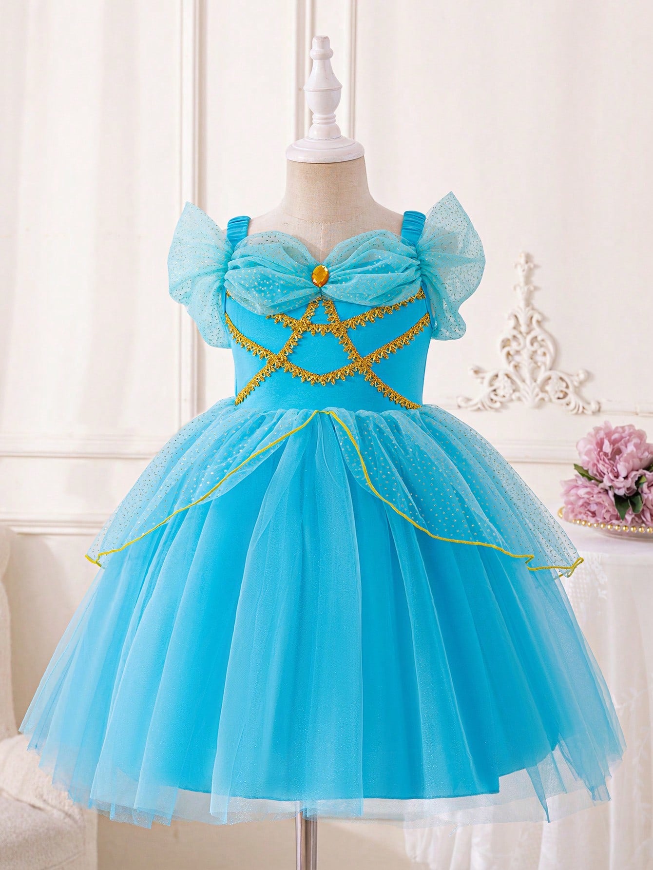 Young Girl's Mesh & Ribbon Patchwork Off-Shoulder Cami Princess Party Dress