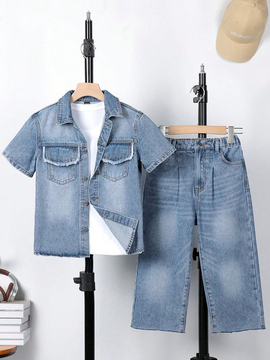 Tween Boy Collar Buttoned Short Sleeve Jacket With Pocket + Shorts Denim Suit