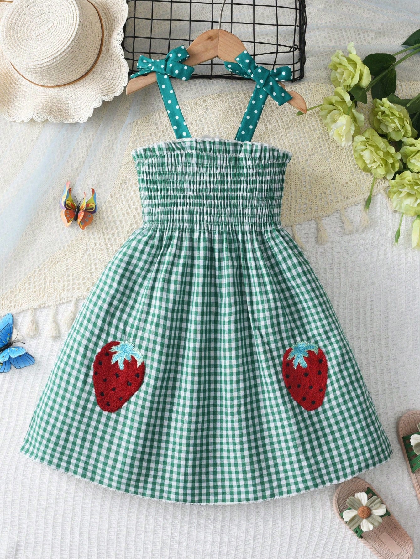 Young Girl Strawberry Patched Gingham Print Tie Shoulder Cami Dress