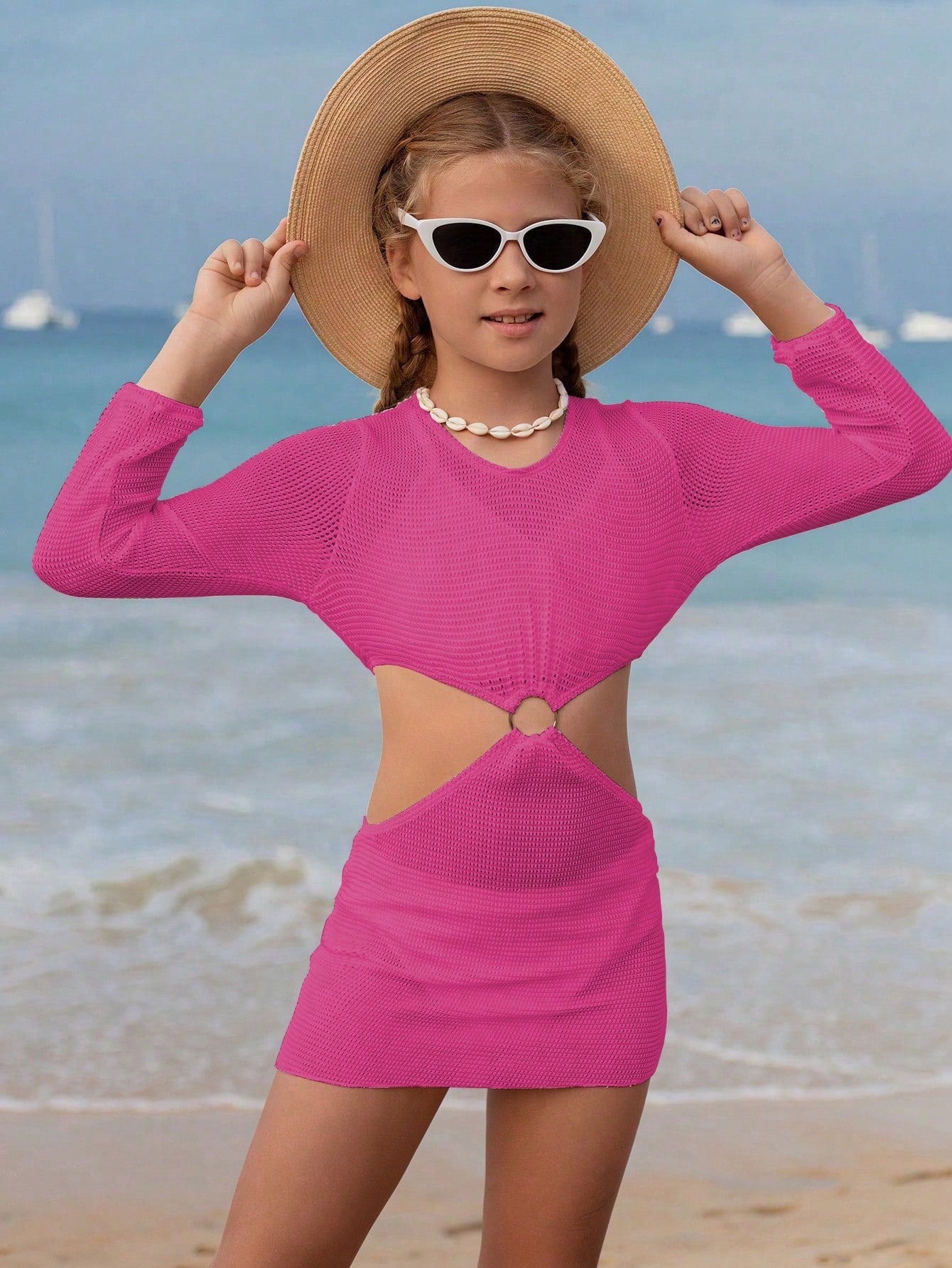 Tween Girl's Basic Swimming Cover-Up With Ring Buckle And Hollow-Out Design