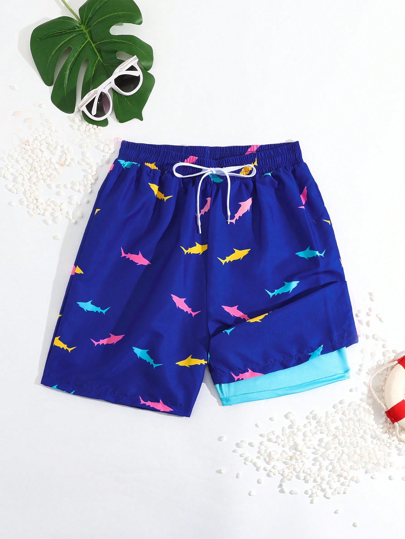 Teen Boy Vacation Style Little Shark Print Beach Shorts Daddy And Me Matching Outfits (2 Pieces Are Sold Separately)