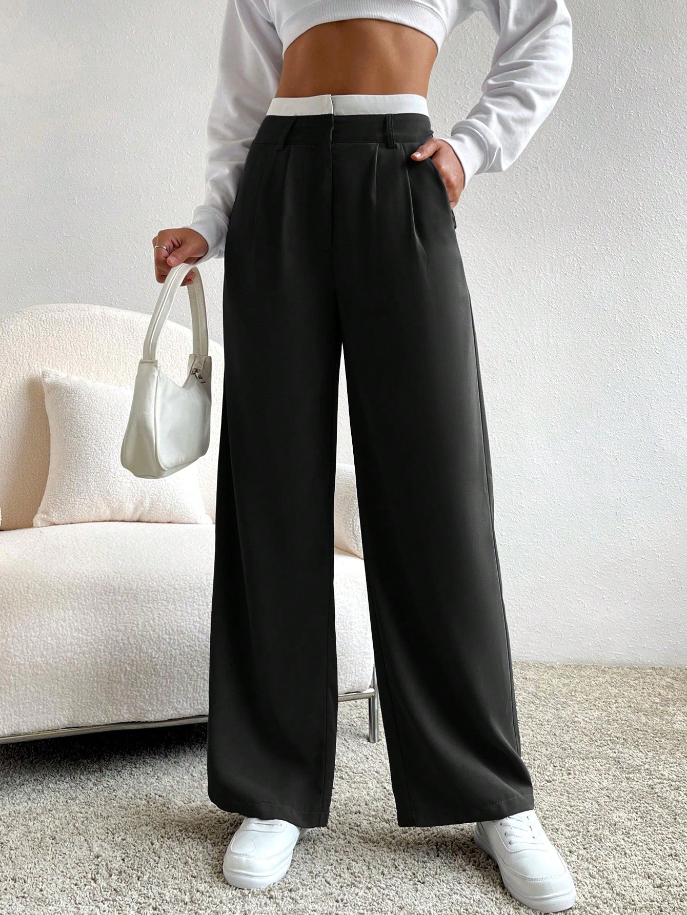 Spring Dress PantsHigh Waist Plicated Detail Wide Leg Suit Pants