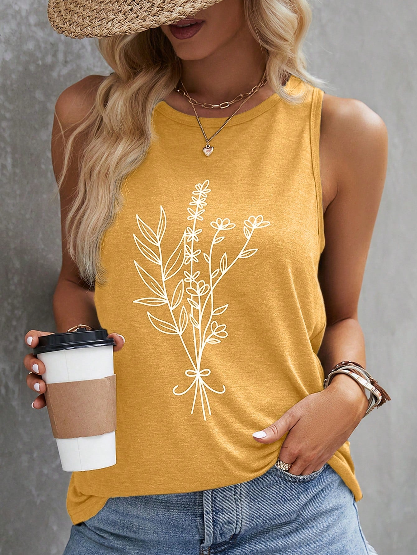 Women's Sleeveless Plant Print Tank Top For Summer