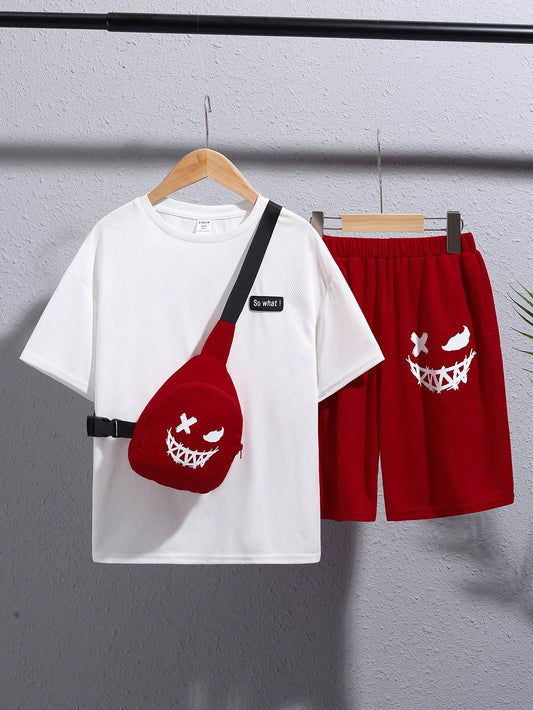 Teen Boy Sporty Casual College Style Short Sleeve Top + Shorts + Crossbody Bag Three-Piece Set Spring/Summer