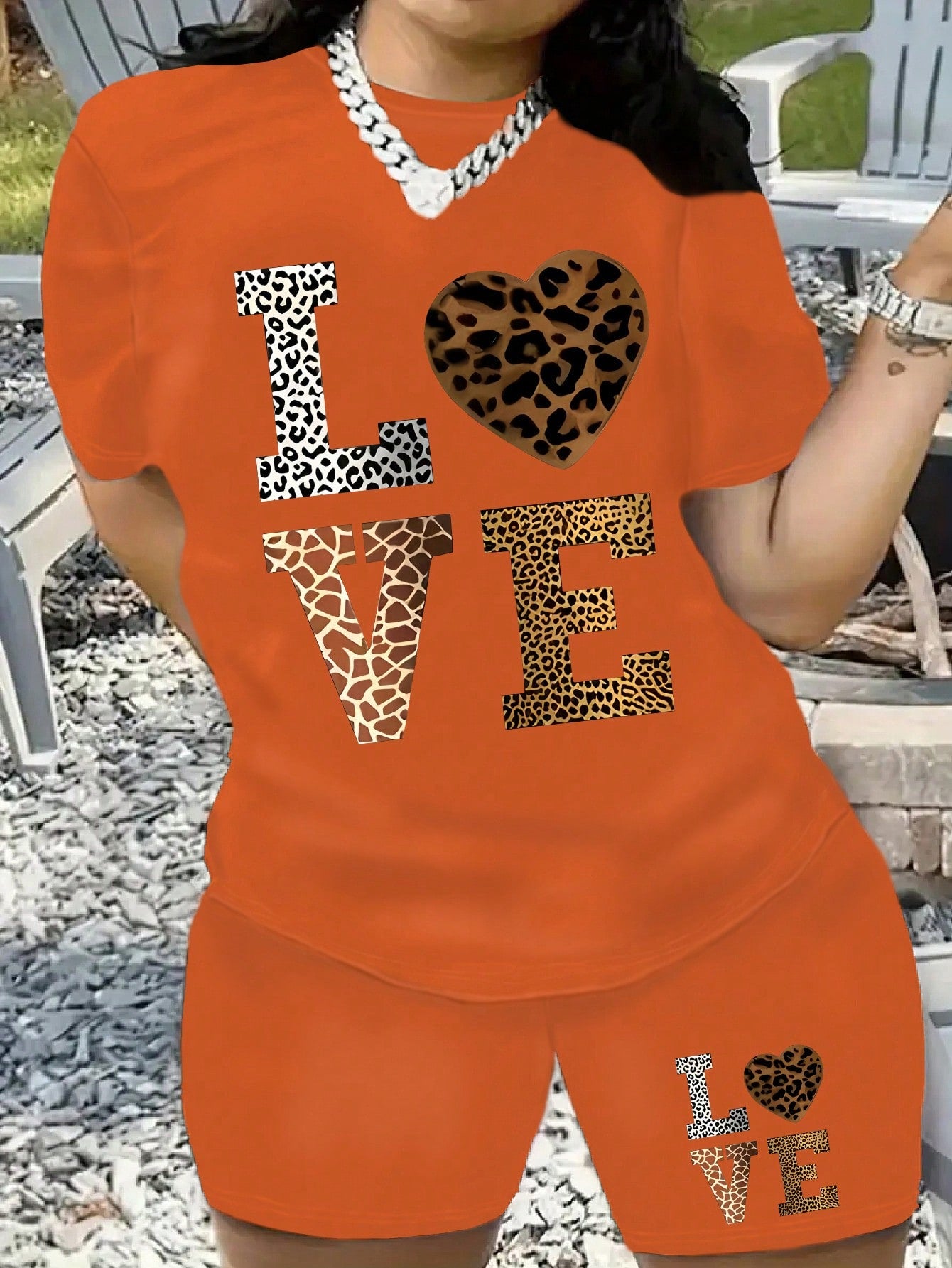 Plus Size Summer Casual Leopard Heart & Letter Printed Short Sleeve T-Shirt And Shorts Set