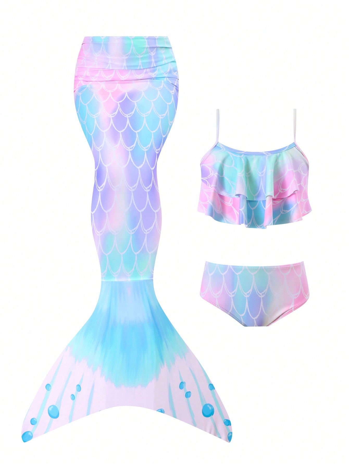 Young Girl 3pcs Fish Scales Print Ruffle Trim Mermaid Tail Bikini Set