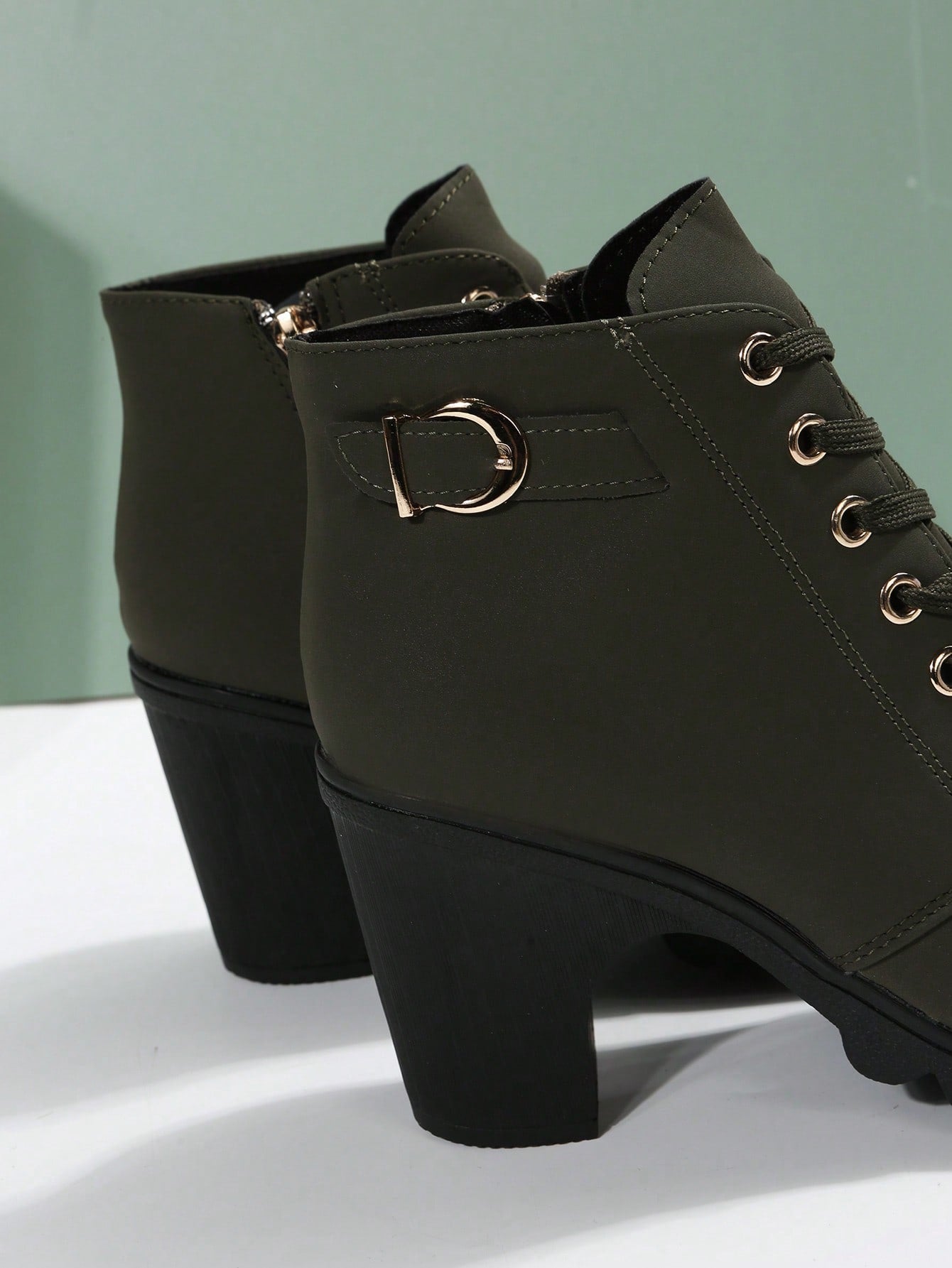 Women Ankle Boots And Short Boots, Green, With Laces, Side Zipper, High Heel, Chunky Heel