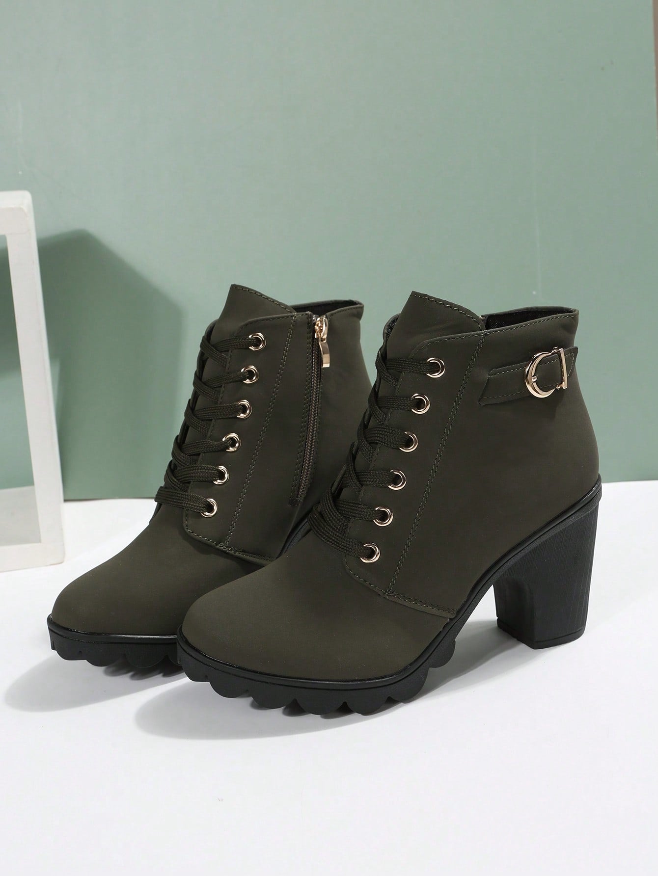 Women Ankle Boots And Short Boots, Green, With Laces, Side Zipper, High Heel, Chunky Heel