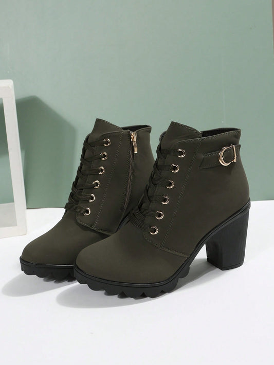 Women Ankle Boots And Short Boots, Green, With Laces, Side Zipper, High Heel, Chunky Heel