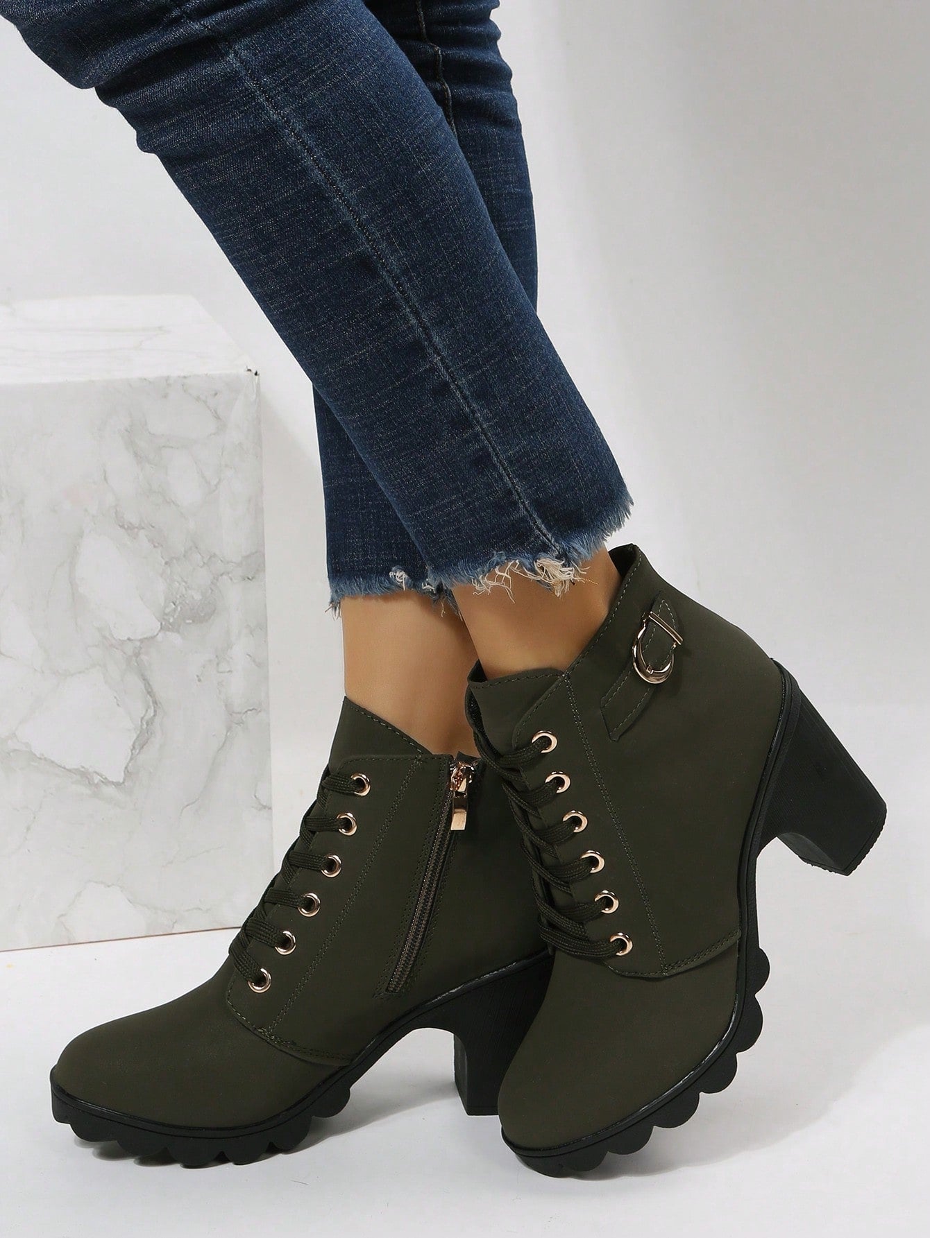 Women Ankle Boots And Short Boots, Green, With Laces, Side Zipper, High Heel, Chunky Heel